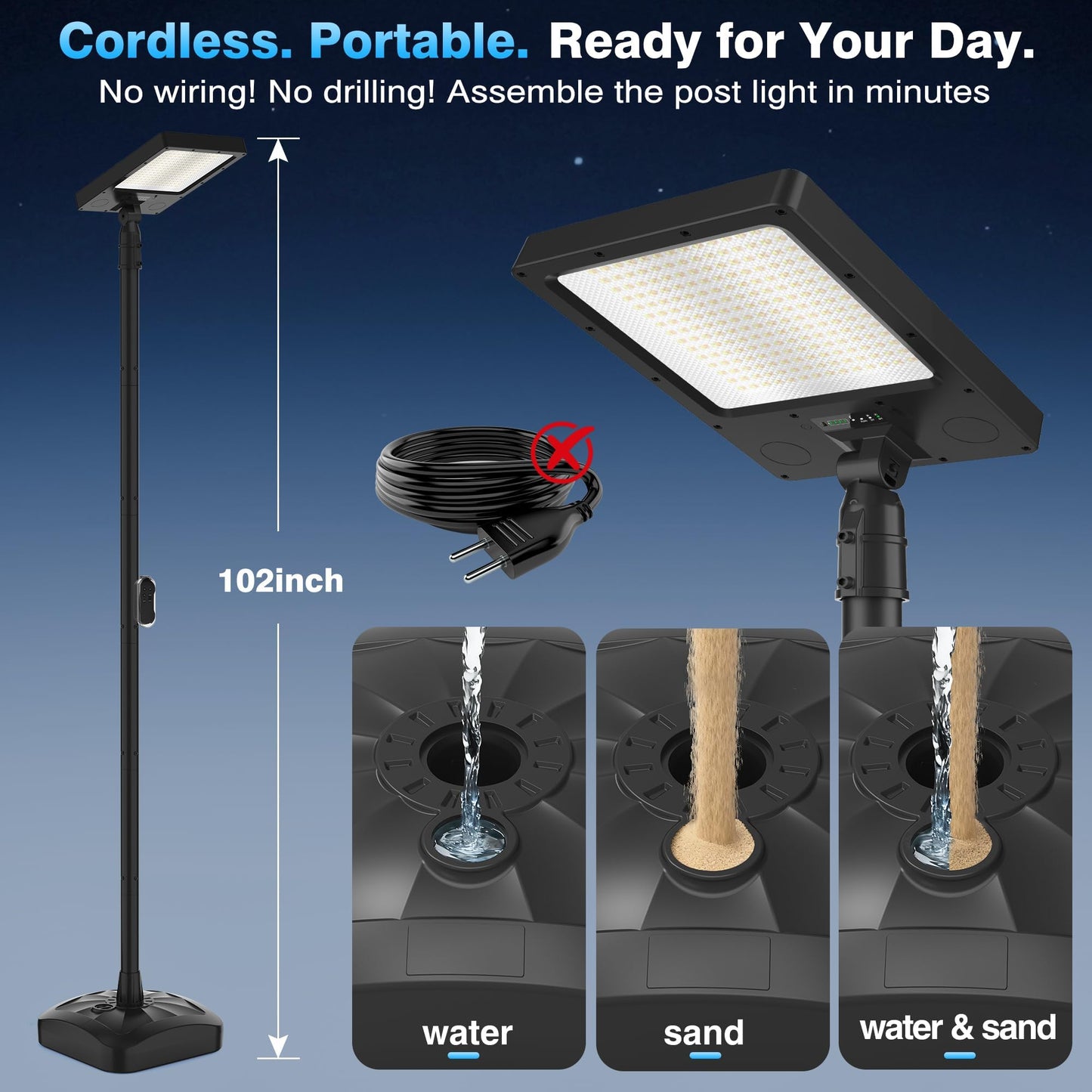 102" Solar Lamp Post Lights with Pole & Water Box Base, Outdoor IP65 Waterproof 3800LM 420 LEDs Solar Street Lights, Metal Flood Motion Sensor Lights for Yard, Garden, Patio, Lawn, Parking Lot