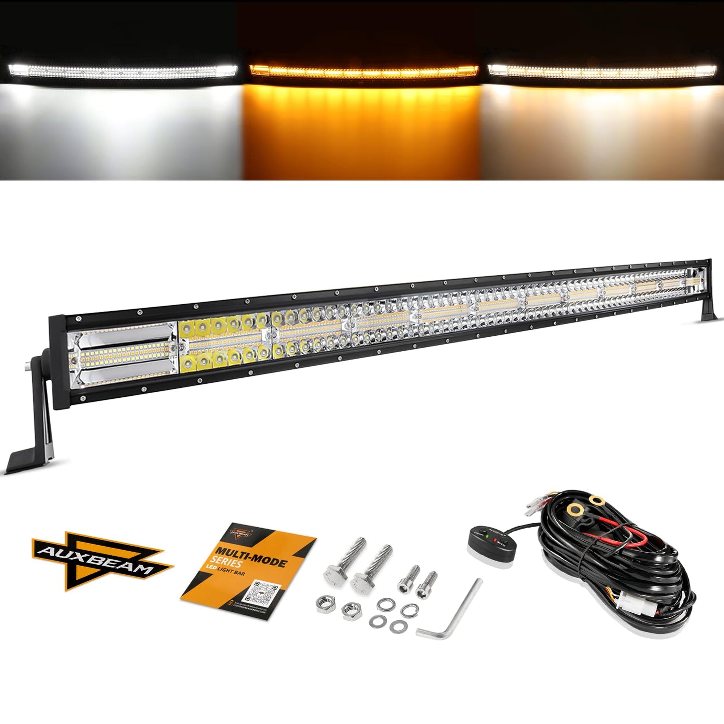 Auxbeam 50 Inch Curved LED Light Bar, 288W 6 Modes Amber White Strobe Fog Lights, Spot Flood Combo Memory Reset Function Offroad Driving Work Ditch Light for Truck Car ATV