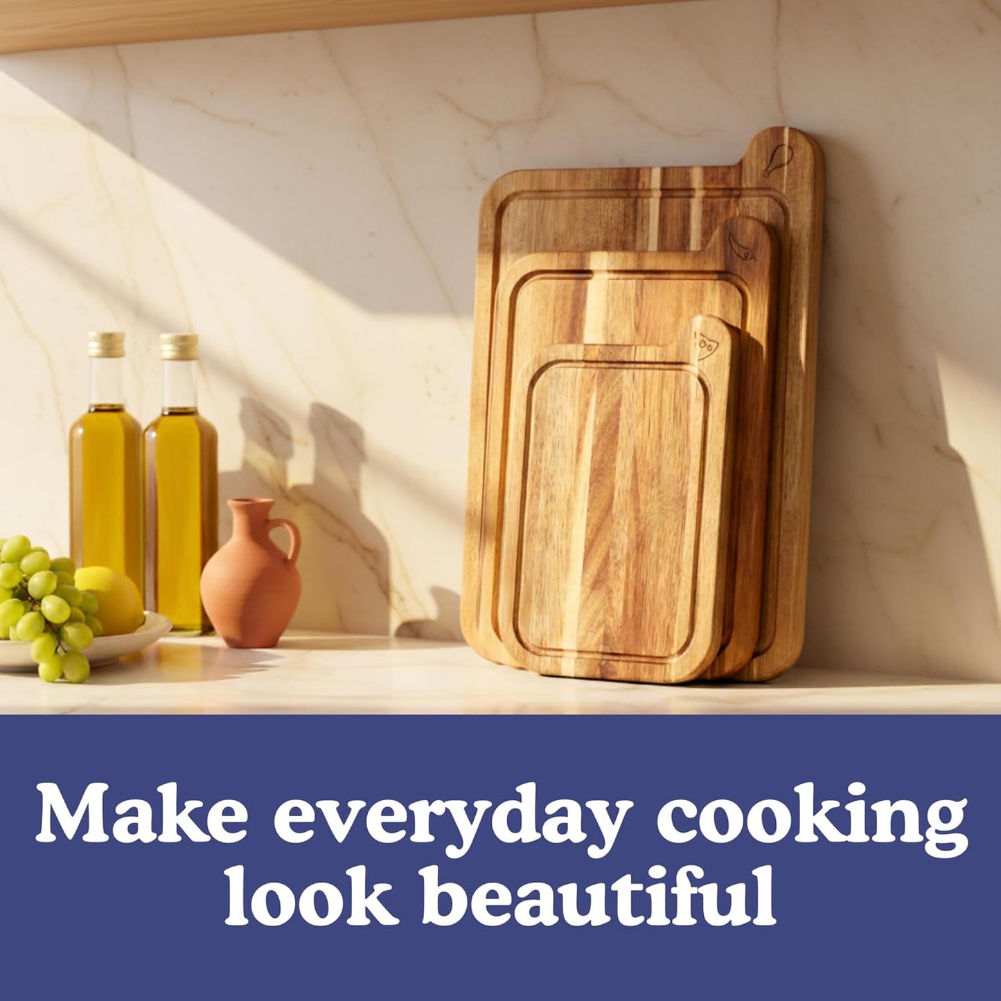 Ziruma Non-Toxic Cutting Boards Set | FSC Acacia Wood, Oil-Free | 3 Kitchen Chopping Boards