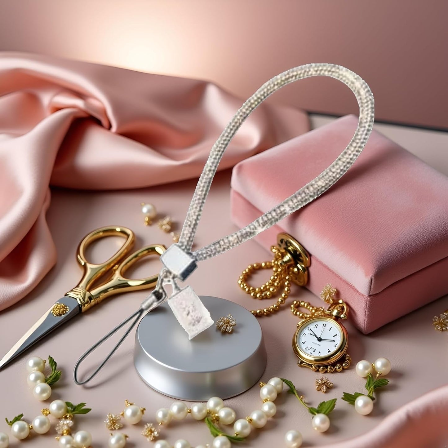 Calsgkspray Silver Short Crystal Phone Lanyard Full Diamond Pendant Wrist Strap Bling Wristlet Keychain Strap for Women