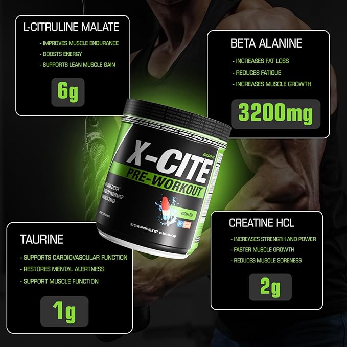 X-CITE Pre-Workout by ATHLEAN-X - Enhanced Formula with Beta-Alanine, Creatine & Caffeine for Ultimate Energy, Endurance, Focus & Muscle Pump, NSF Certified for Sports (22 Servings, Rocket Pop)