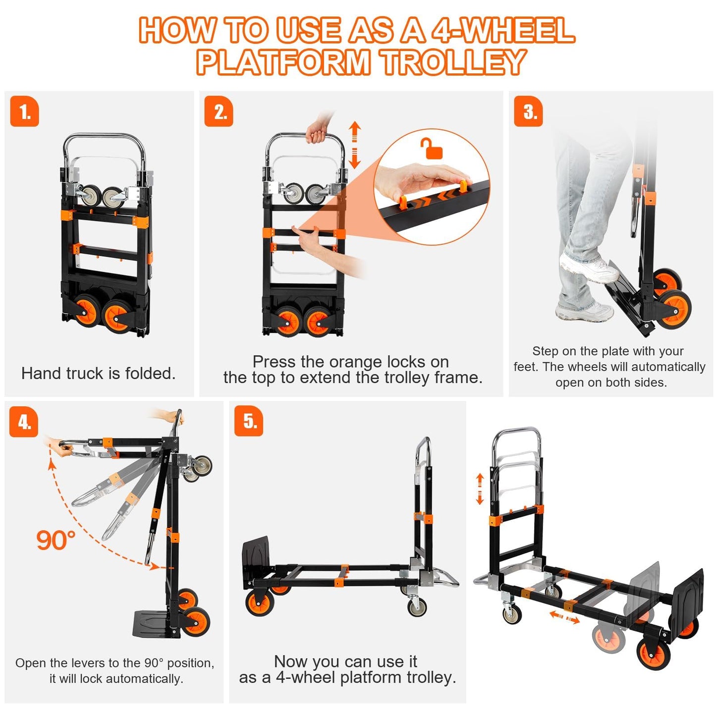 3-in-1 Aluminum Hand Truck Dolly, 660 lbs Heavy Duty Folding Trolley with Universal Wheels, Collapsible Platform Truck with Tie Down Straps for Warehouse, Supermarket, Office