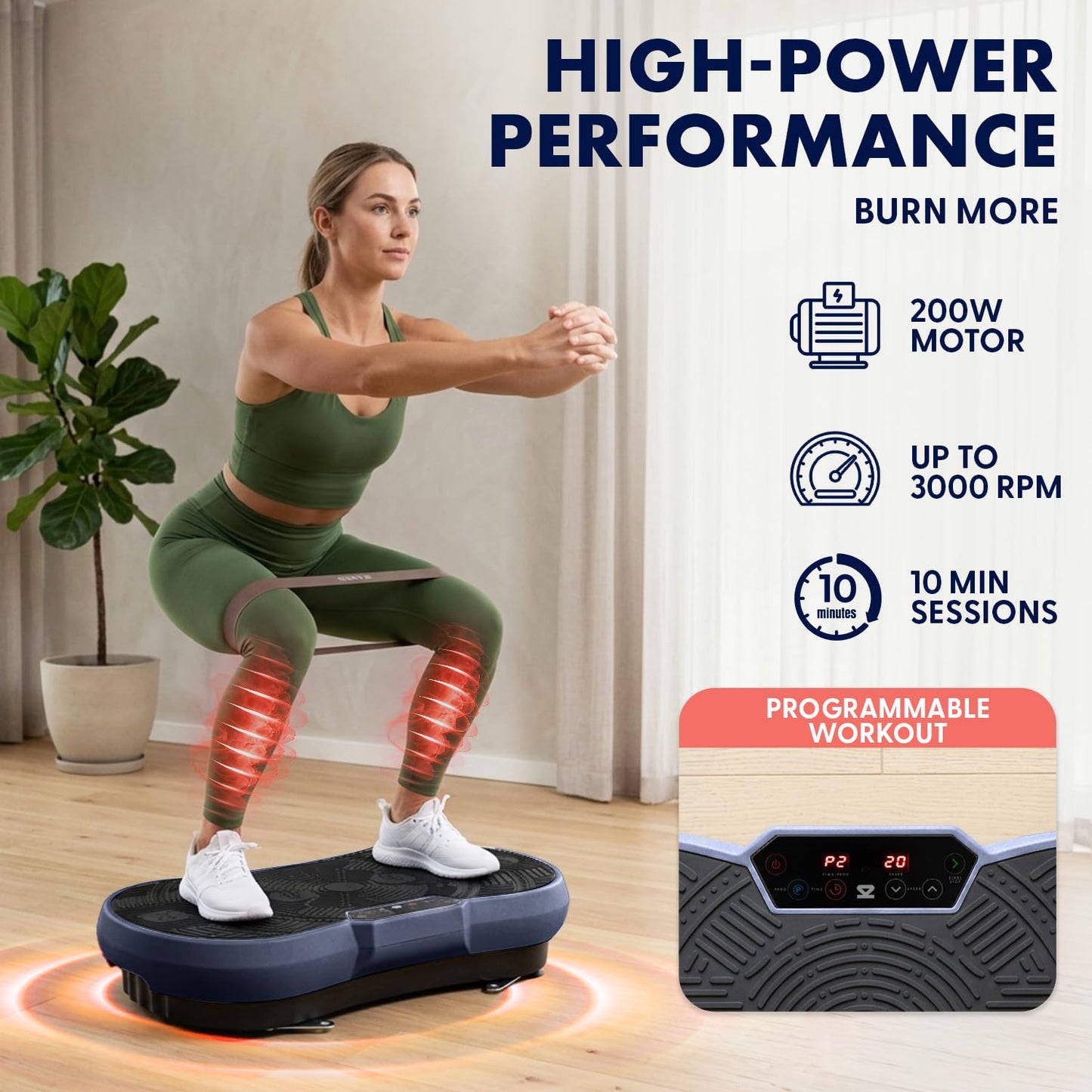 SQUATZ Vibration Plate Exercise Machine | Low-Impact Full Body Vibrator Plate with 99 Speed Levels & 9 Preset Programs | Resistance Bands & Remote Included | 265 lb Capacity | For Home & Office | Blue