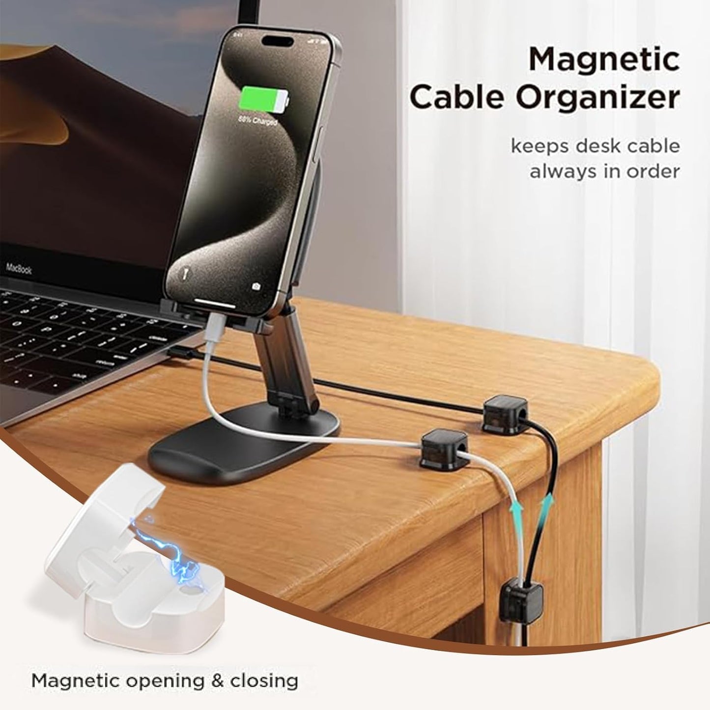 TAIKULE 6 Pack Magnetic Cable Clips White Cable Management USB Cable Power Wire Cord Clips for Home Office Desk Phone