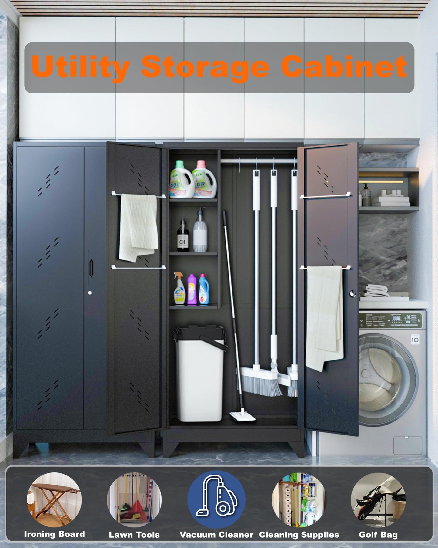 OSEILLC Metal Storage Cabinet with Locking Doors, 75" Tall Garage Cabinet with Hanging Rod, Broom Closet/Freestanding Bathroom Storage Cabinet, Cleaning Tool Storage