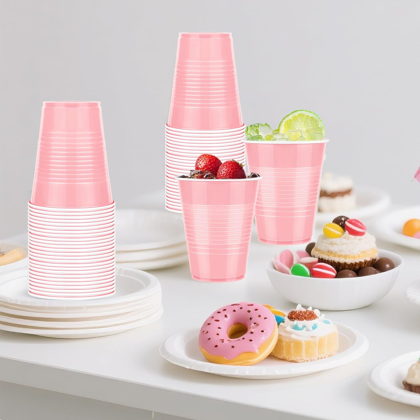 Liengoron 50 Pack Pink Plastic Cups 18 Ounce Pink Cups Plastic Disposable Cup Bulk Cup for Party Wedding Birthday