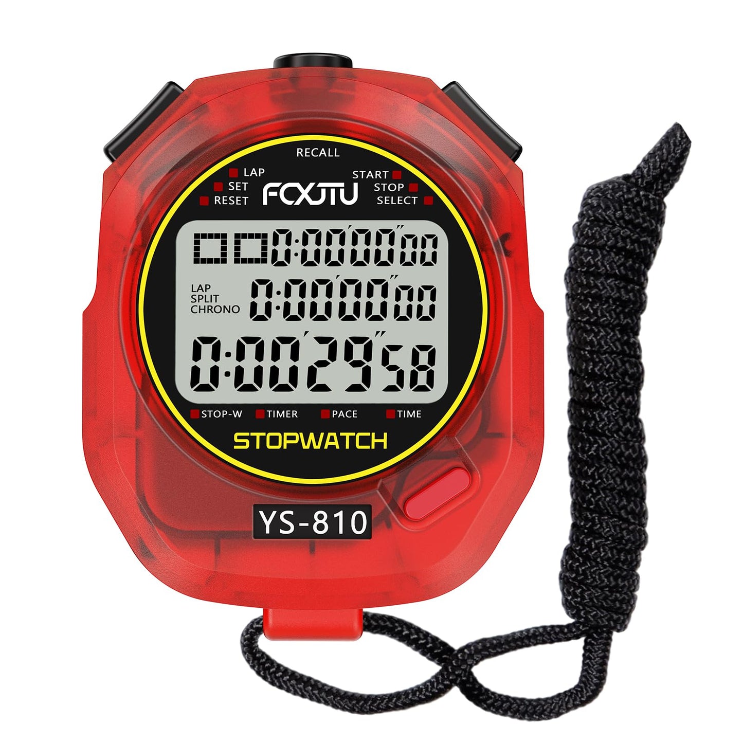 FCXJTU Sports Stopwatch Timer, 10 Lap/Split Memory Digital Stopwatch Countdown Timer with 12/24 Hour Clock Alarm On/Off, Calendar 3-Row Extra Large Screen Lanyard for P.E Coach and Referees (Red)