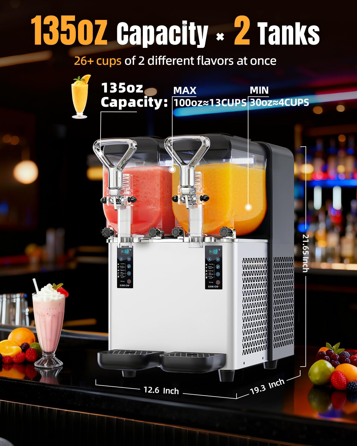 Slushy Machine for Home, 135oz x 2 Tank Slushie Machine for Commercial & Home Use, Margarita Machine with LED Lights 400W Fast Chill & Quiet for Restaurant Bar Cafes Food Truck, No Ice Needed