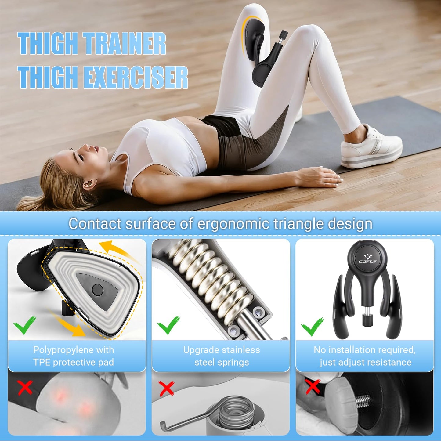 Thigh Trainer for Women, 15-70LB Adjustable Resistance Inner Thigh Exerciser for Pelvic Floor Muscle Repair, Thigh Trainer Kegel Exercise for Shaping, Yoga & Weight Loss at Home Gym - Black Gray