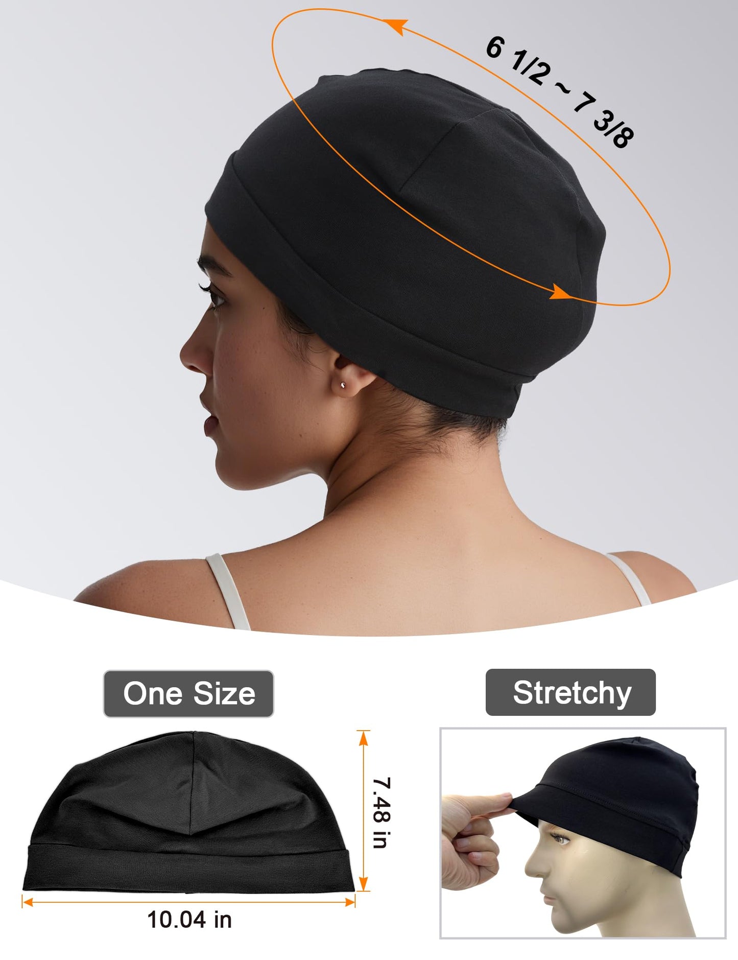 ROYBENS 97% Cotton Skull Caps Beanies for Men Women, Breathable Helmet Liner Sleep Hat Sweat Wicking Cap, Balck 2-Pack