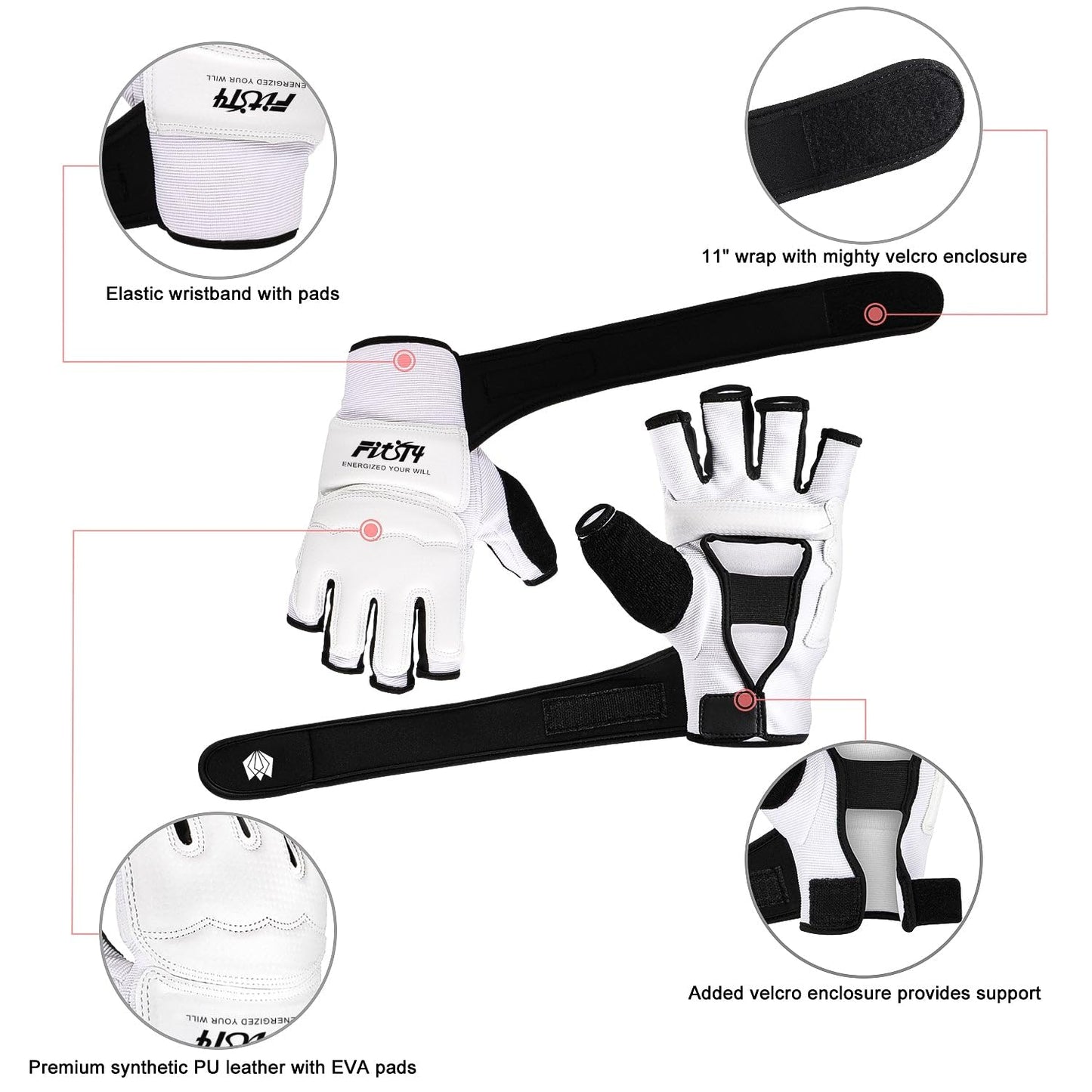 FitsT4 Sports Half Mitts MMA UFC Training Boxing Punch Bag Kickboxing Sparring Grappling Martial Arts Muay Thai Taekwondo Wrist Wraps Support Gloves for Women Men Kids White L