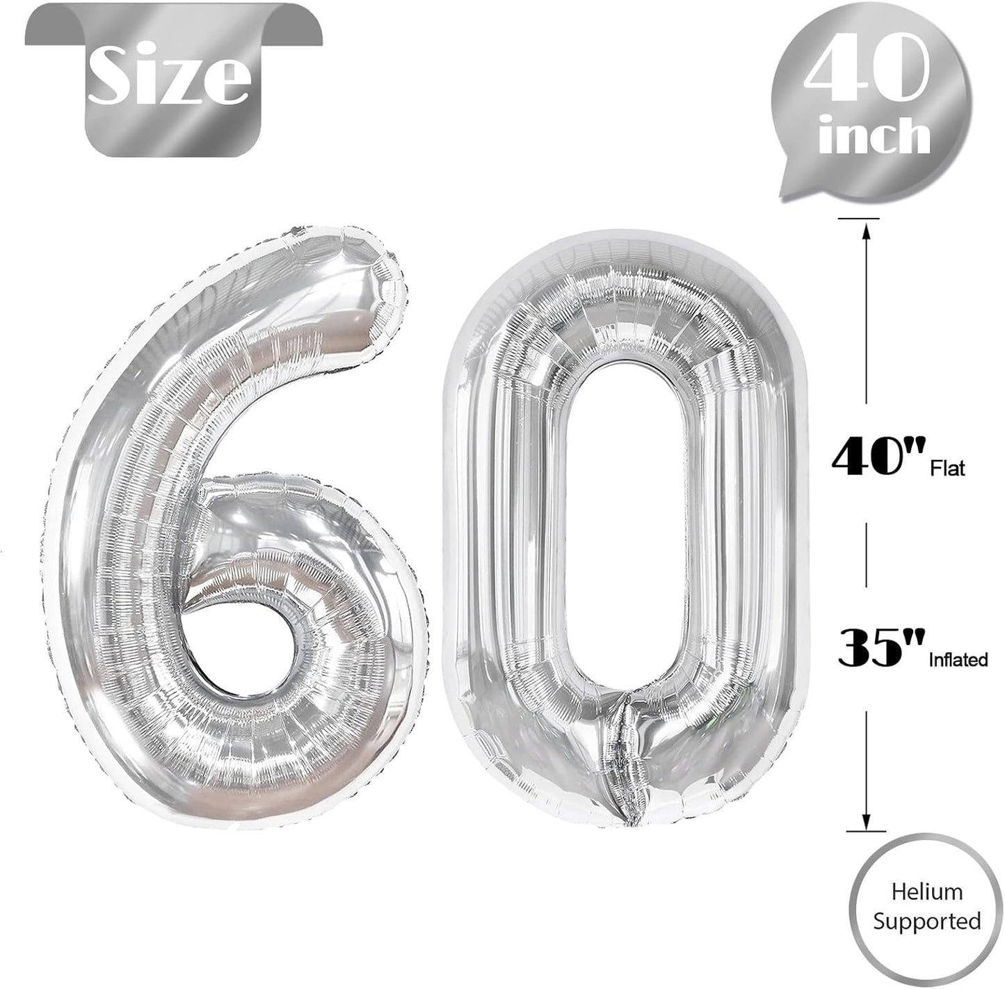 Silver Number 60 Balloon - 40 Inch Metallic 60th Birthday Decoration for Men & Women