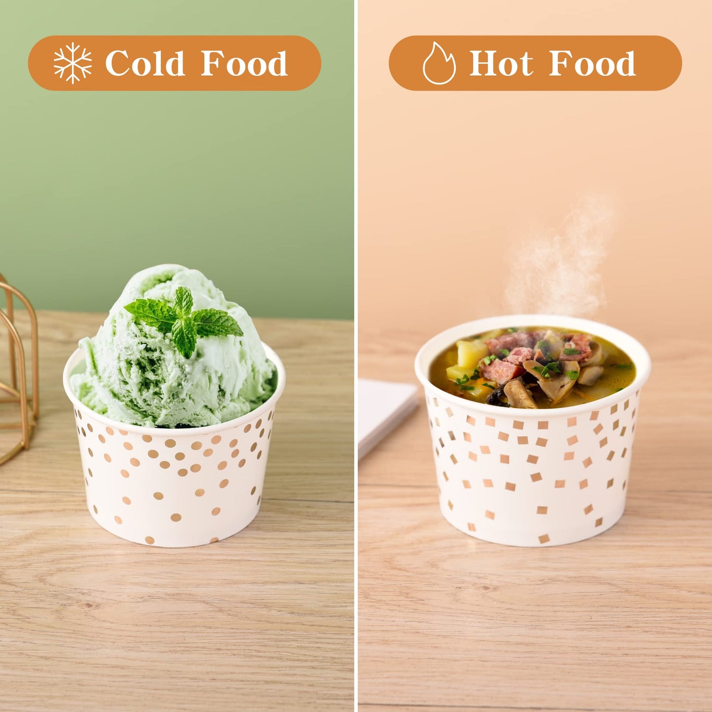 AimFun 60 Pcs Treat Snack Cups Gold Dessert Cups 8oz Disposable Paper Ice Cream Cups for Hot or Cold Food Container Birthday Christmas Party Supplies