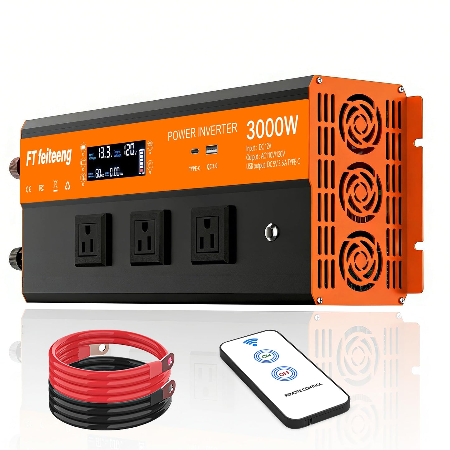 3000W Power Inverter, 12v DC to 120v Ac Inverter, Power Inverters for Vehicles with LCD Display, 3AC Sockets and USB-C & QC 3.0 Port with Remote Control for Camping Home Truck Rv Solar System
