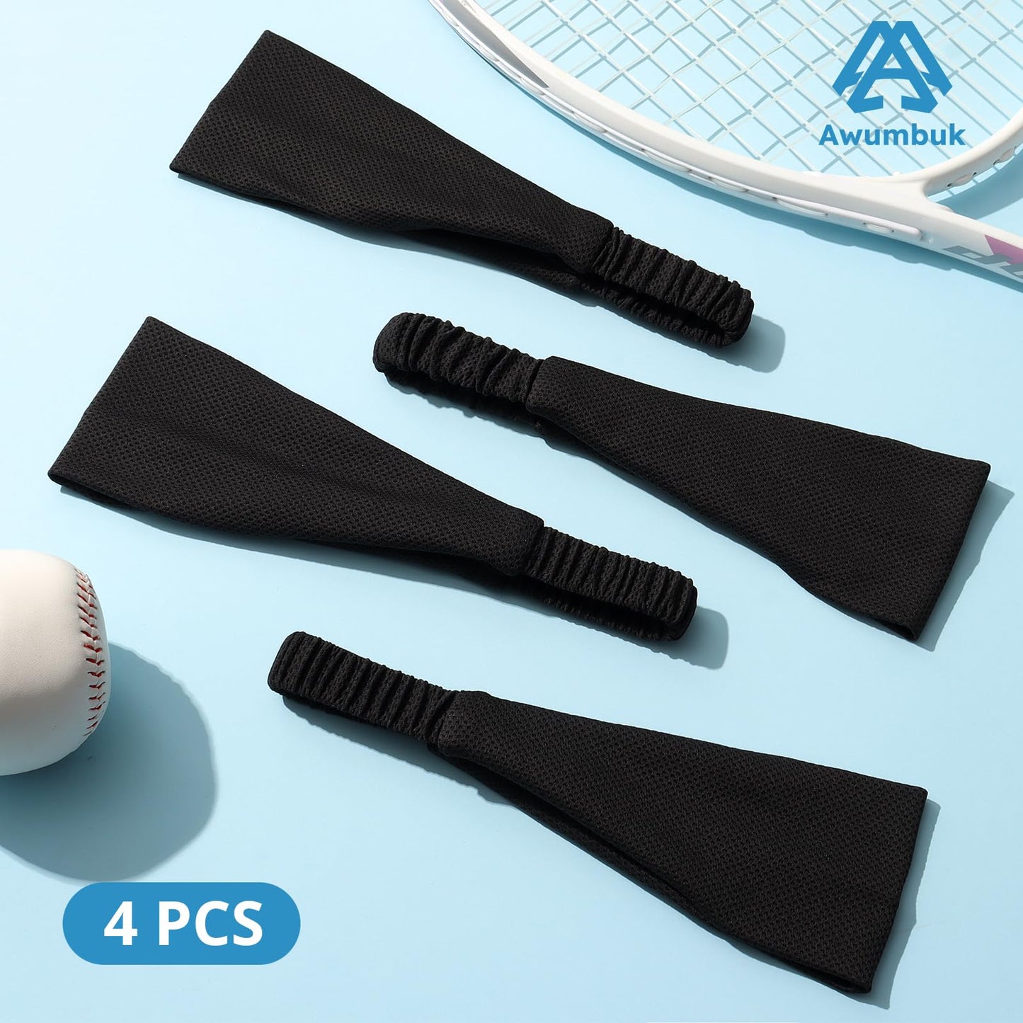 Awumbuk Cooling Headbands for Women, Non-Slip Sweatbands for Women, 4-Pack Elastic Sports Head Bands for Running, Yoga, Gym Workouts, Football
