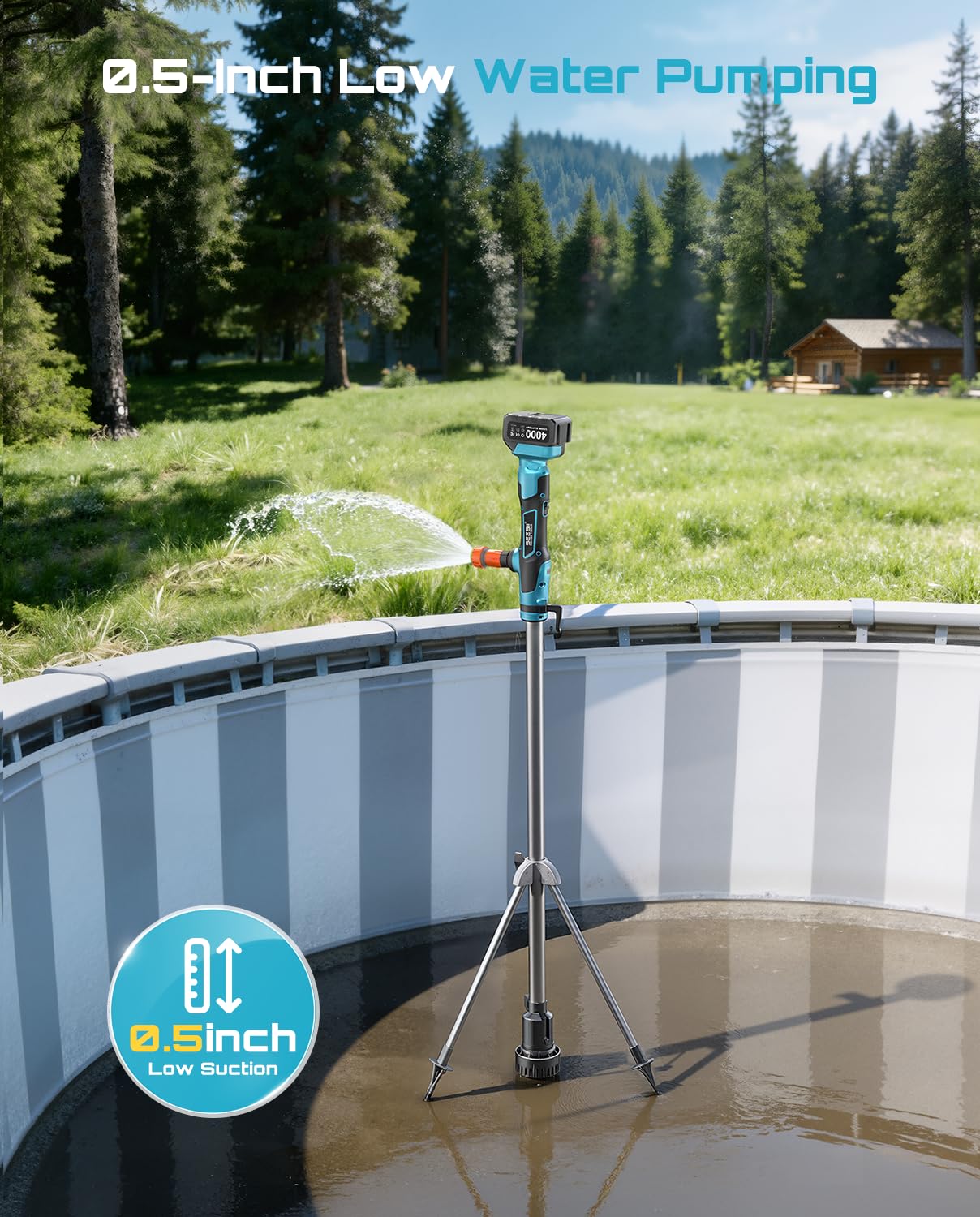SEESII Cordless Stick Water Transfer Pump with Tripod Stand Hands-free, Portable Submersible Water Pump 720GPH & 2 x 4.0Ah Batteries, 32FT Lift for Pool Draining Boat Bilge Garden Rain Barrel Basement