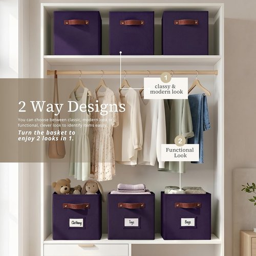 DECOMOMO Storage Baskets - 13x15x13 Cube Bins with Labels for Organized Shelves | Deep Violet (4pcs)