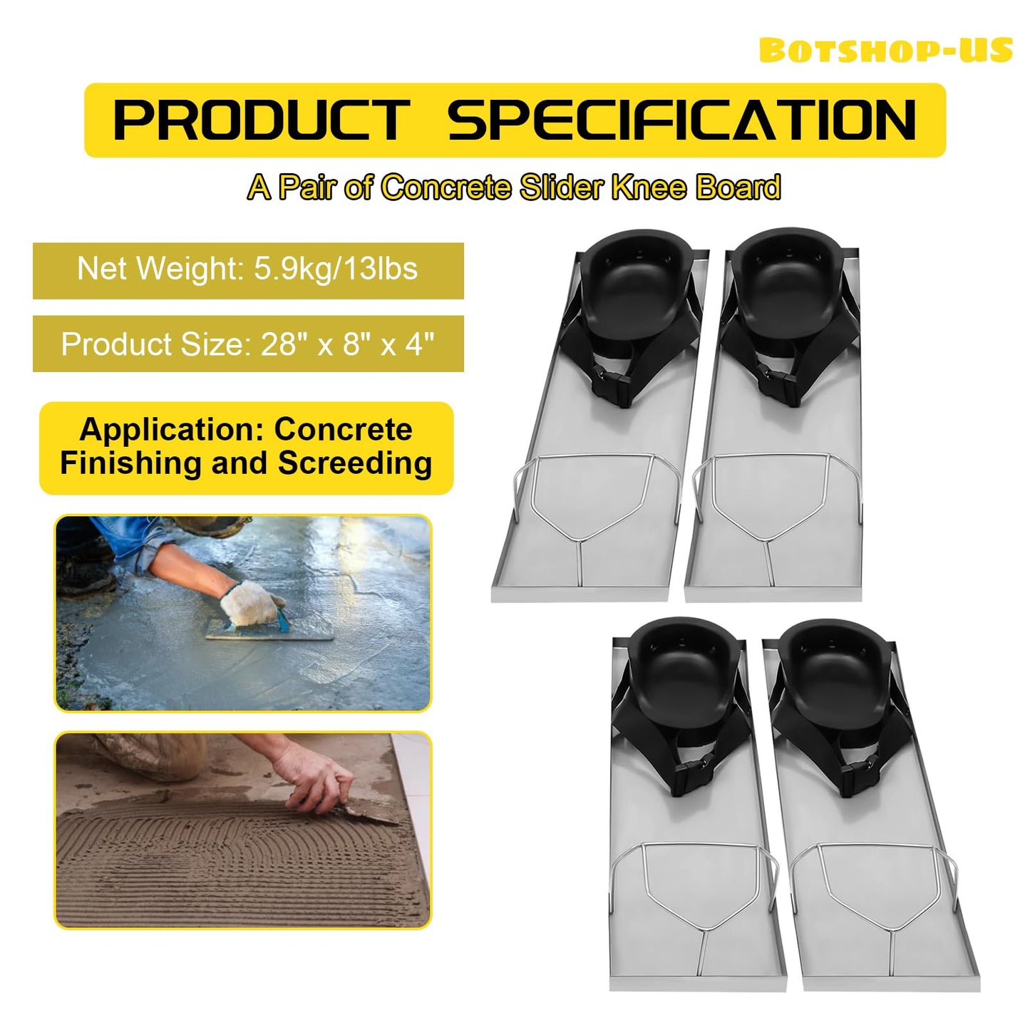 Gdrasuya10 2 Pairs Concrete Knee Boards 28'' x 8'' Slider Knee Boards Stainless Steel Kneedboards Cement Pair Moving Sliders w/Concrete Knee Pad & Board Strap (28"x8"/2Pcs)