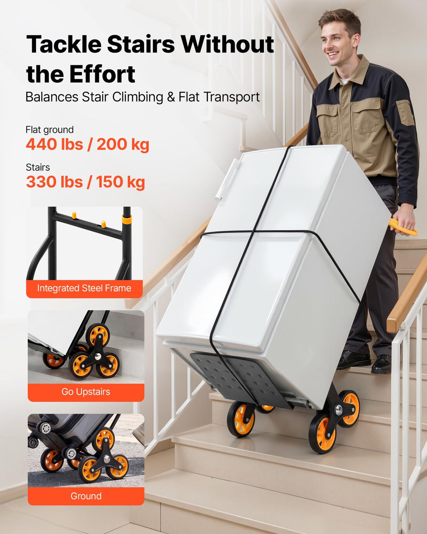 VEVOR Stair Climbing Cart 440 lbs, 330 lbs Stair-Climbing Capacity, Heavy-Duty Folding Trolley Cart with Telescoping Handle, 6 Wheels and 2 Bungee Cords for Home, Groceries, Warehouse