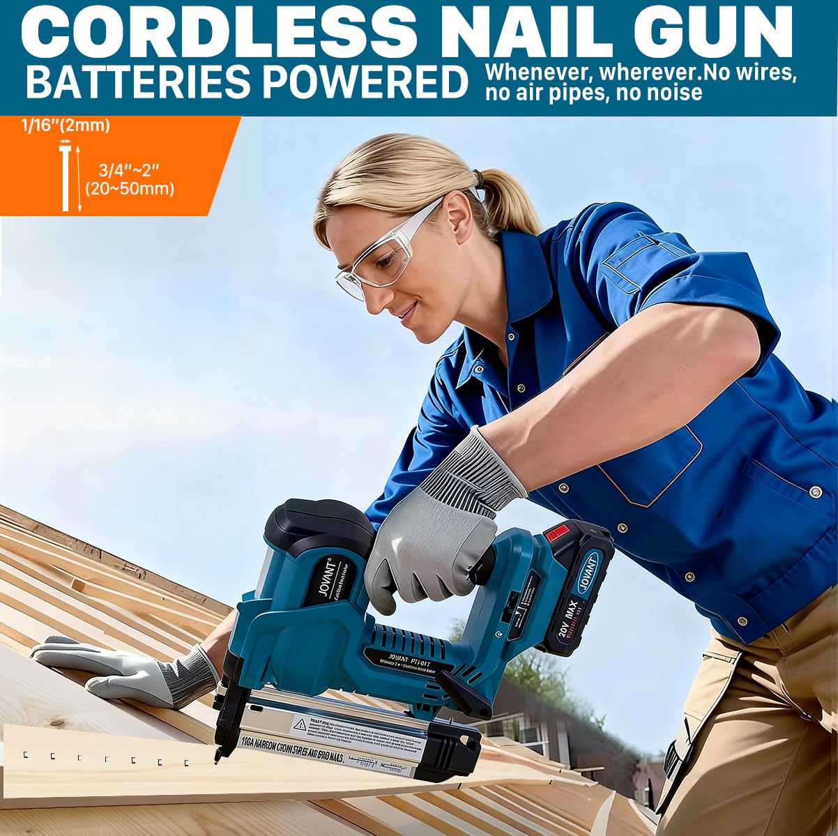 Brad Nailer Electric, 18 Gauge Brad Nail Gun, 2-in-1 Brad Nailer with 800pcs Nails&Staples, Nail Gun with 2×2.0Ah Batteries, for Woodworking, Home Improvement JOVANT