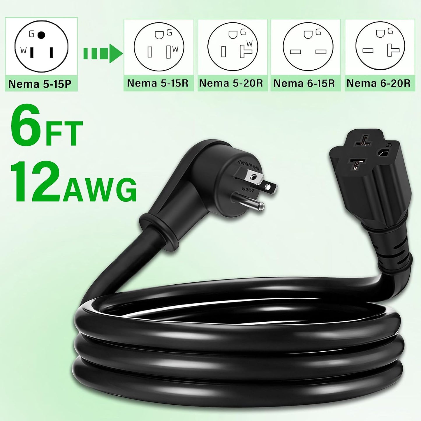 URANT 15 20 12AWG 5-15P 5-20R/6-15R/6-20R 125V/250V Garage(6Ft) Heavy Duty Amp to Amp Plug Adapter Cable, Right Angle