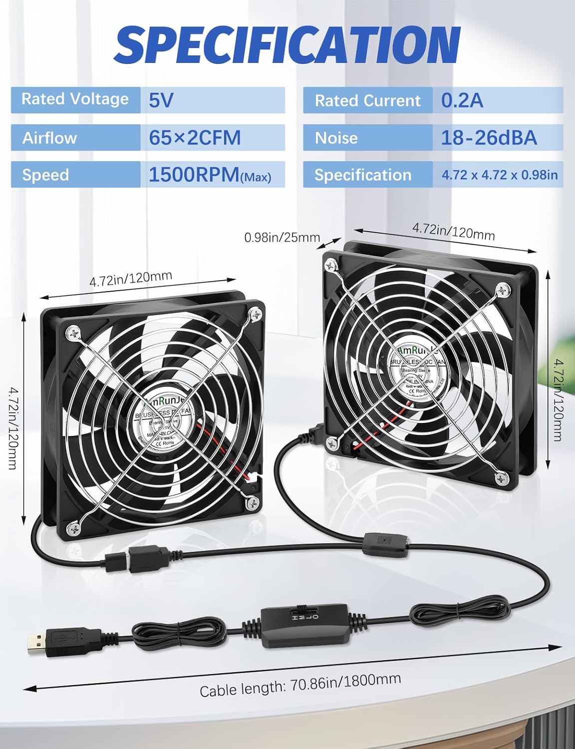120mm 2 Packs, 5V USB Cooling Fan Brushless Quiet Fan with Speed Controller for PC Computer PlayStation Xbox Router