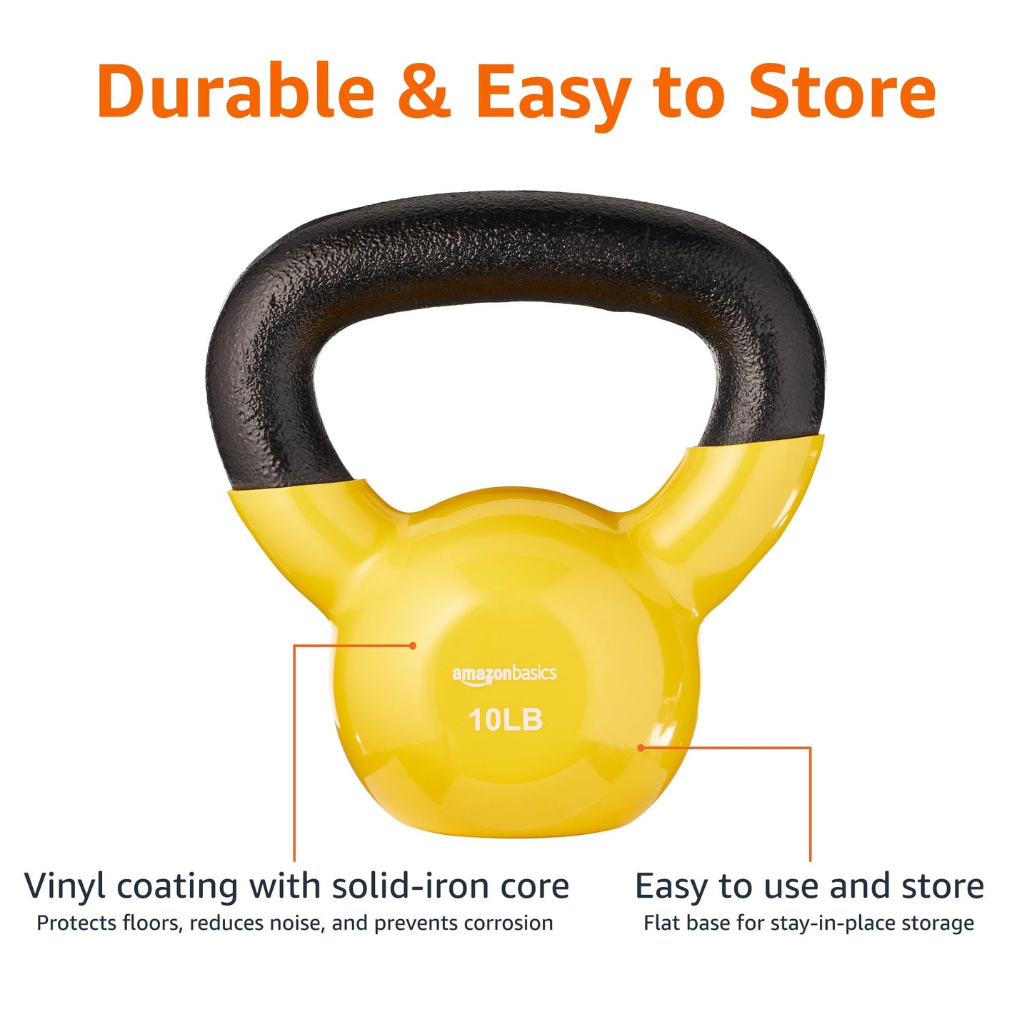 Amazon Basics Vinyl Kettlebell with Textured Wide Handle for Strength Training, Workout, 10 Pounds, Light Orange