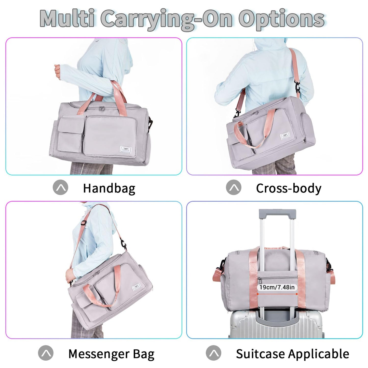 FIORETTO Women's Gym Duffle Bag with Shoes Compartment, 30L Capacity, Ideal for Travel, Gym, Sports, Duffel, Weekender, with Toiletry Bag, Grey & Pink
