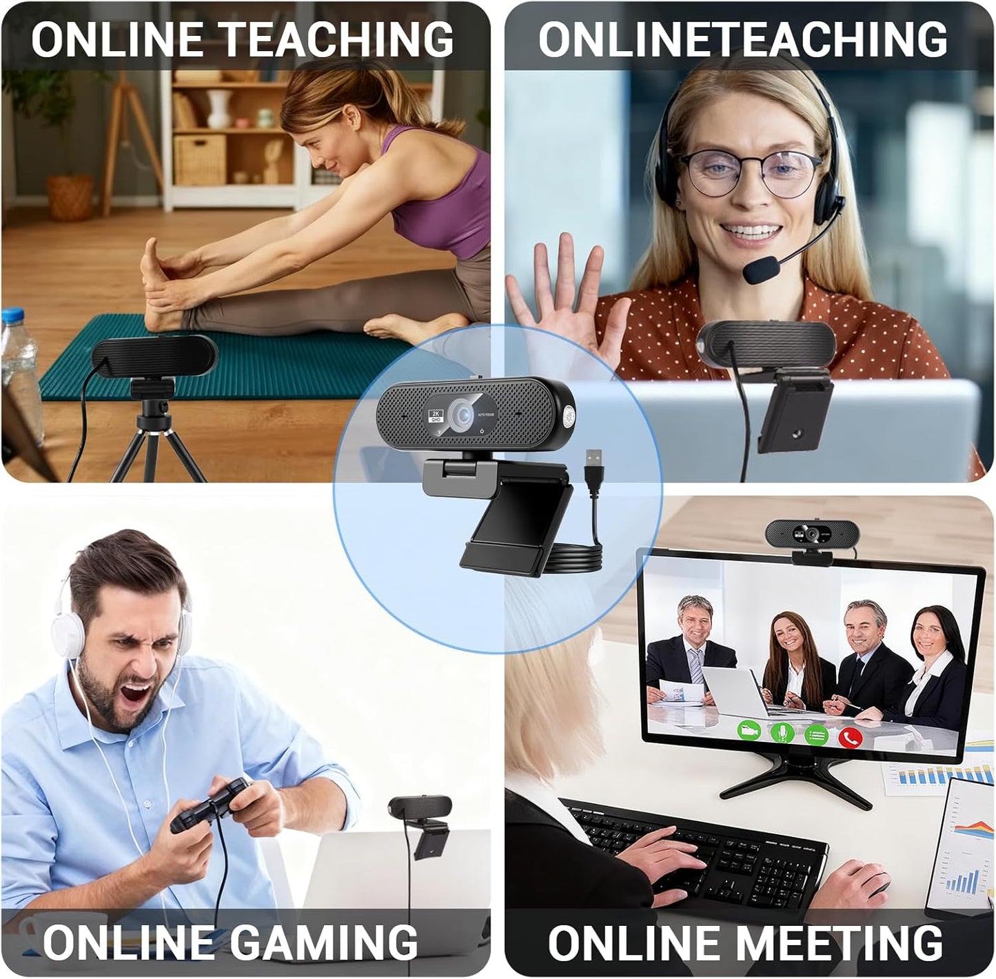 Generic 2K Hprosper Webcam with Microphone, Automatic Light Correction & Privacy Cover, Wide Angle USB Camera for PC