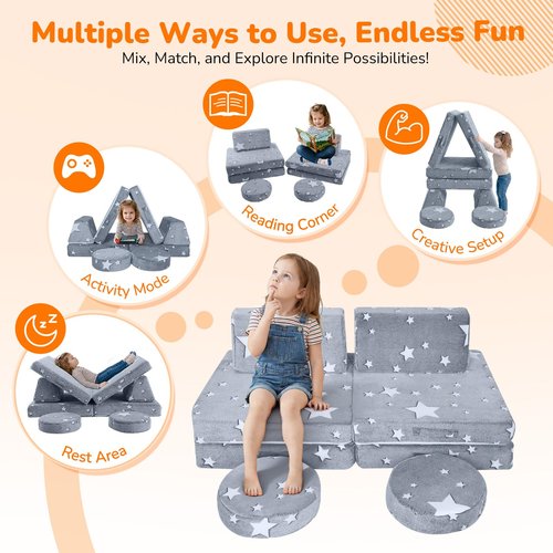 MeMoreCool Kids Play Couch, 8-Piece Modular Toddler Couch with Glow in The Dark Stars – Convertible Fort Builder Kids Sofa, Soft Foam Indoor Climbing Furniture with Washable Covers for Boys and Girls