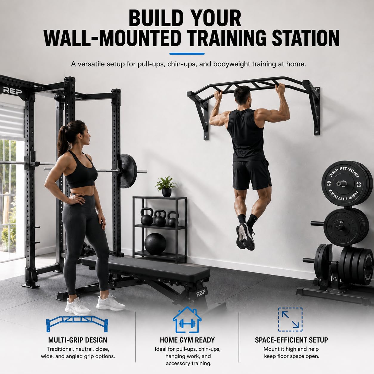 REP Fitness Heavy Duty Pull-Up Bar, Wall Mounted Multi-Grip, Home Gym Exercise Equipment for Chin Training, Garage Strength Workouts, Rings, Straps