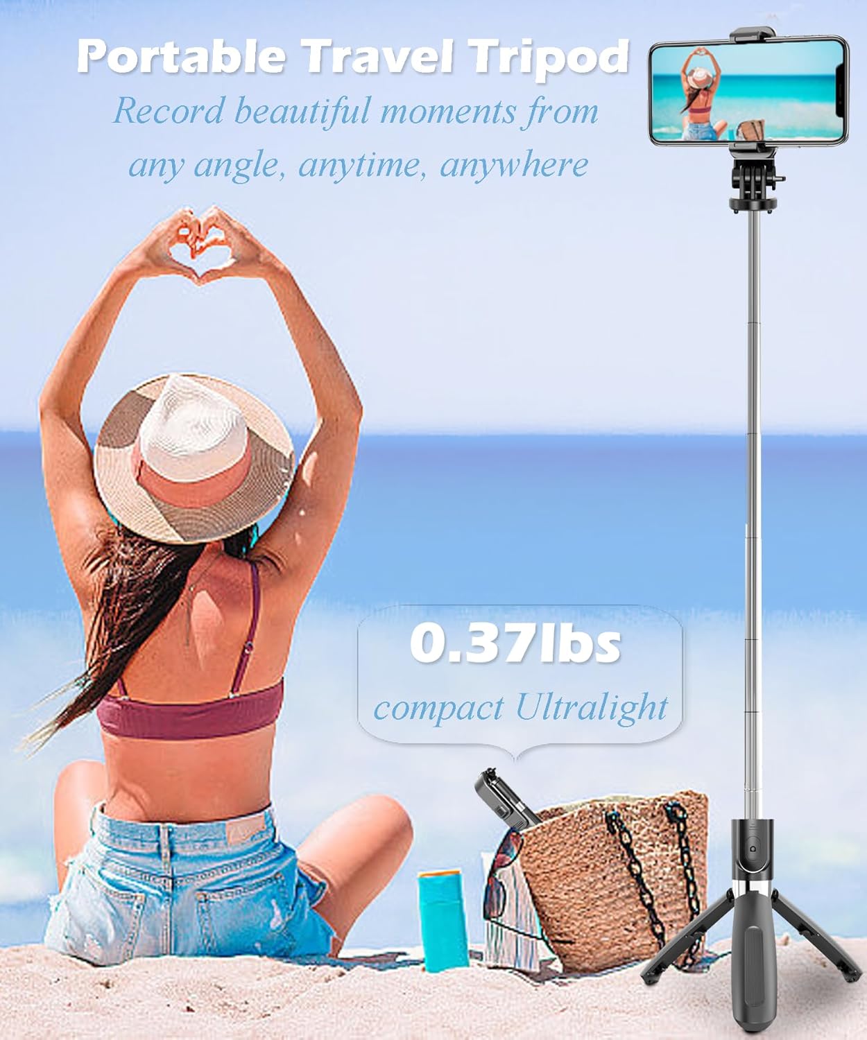 BGJOY Selfie Stick Tripod Extendable Phone Tripod Stand with Wireless Remote Portable Lightweight Video Recording