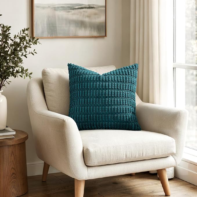 MIULEE Pack of 2 Corduroy Decorative Throw Pillow Covers 20x20 Inch Soft Boho Striped Pillow Covers Modern Farmhouse Home Decor for Summer Coastal Sofa Living Room Couch Bed Teal