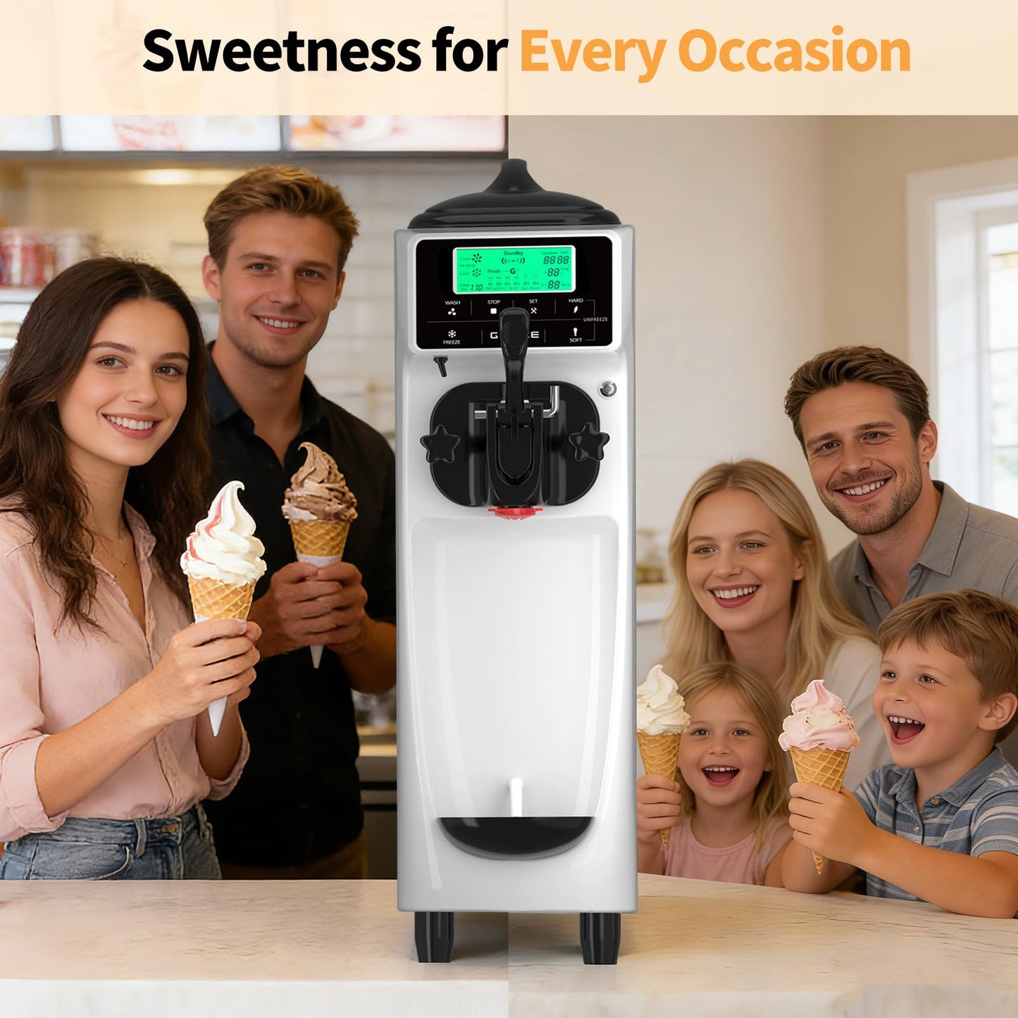 Ice Cream Machine – 3.5 Gals/H Single Flavor Ice Cream Maker 5 Inch Screen Soft Serve Ice Cream Machine with Pre-Cooling Soft Serve Machine with 1.6 Gals Tank for Home, Parties,Cafés,and School