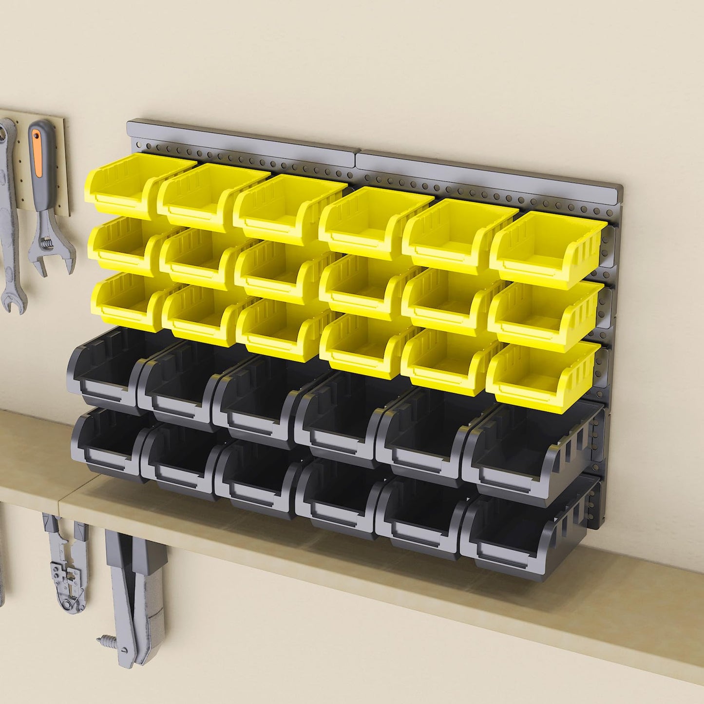 SAMRELAX 30 Pcs Wall Mounted Garage Storage Bins, Wall storage Parts Bins Rack, Nut and Bolt Garage Tool Organizer Bins for Nuts, Bolts, Screws, Shop, Accessories (Black+Yellow, SMALL(30PCS))
