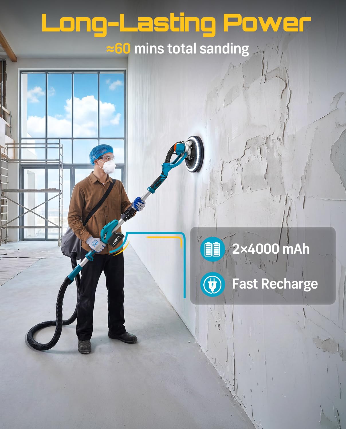 SEESII Cordless Drywall Sander with Vacuum,900W 1900RPM 2x4.0Ah Battery,Popcorn Ceiling Remover Tool,Brushless Low Noise Variable Speed,Wall Sander for Painting Prep,Foldable Telescopic,LED,12 Discs