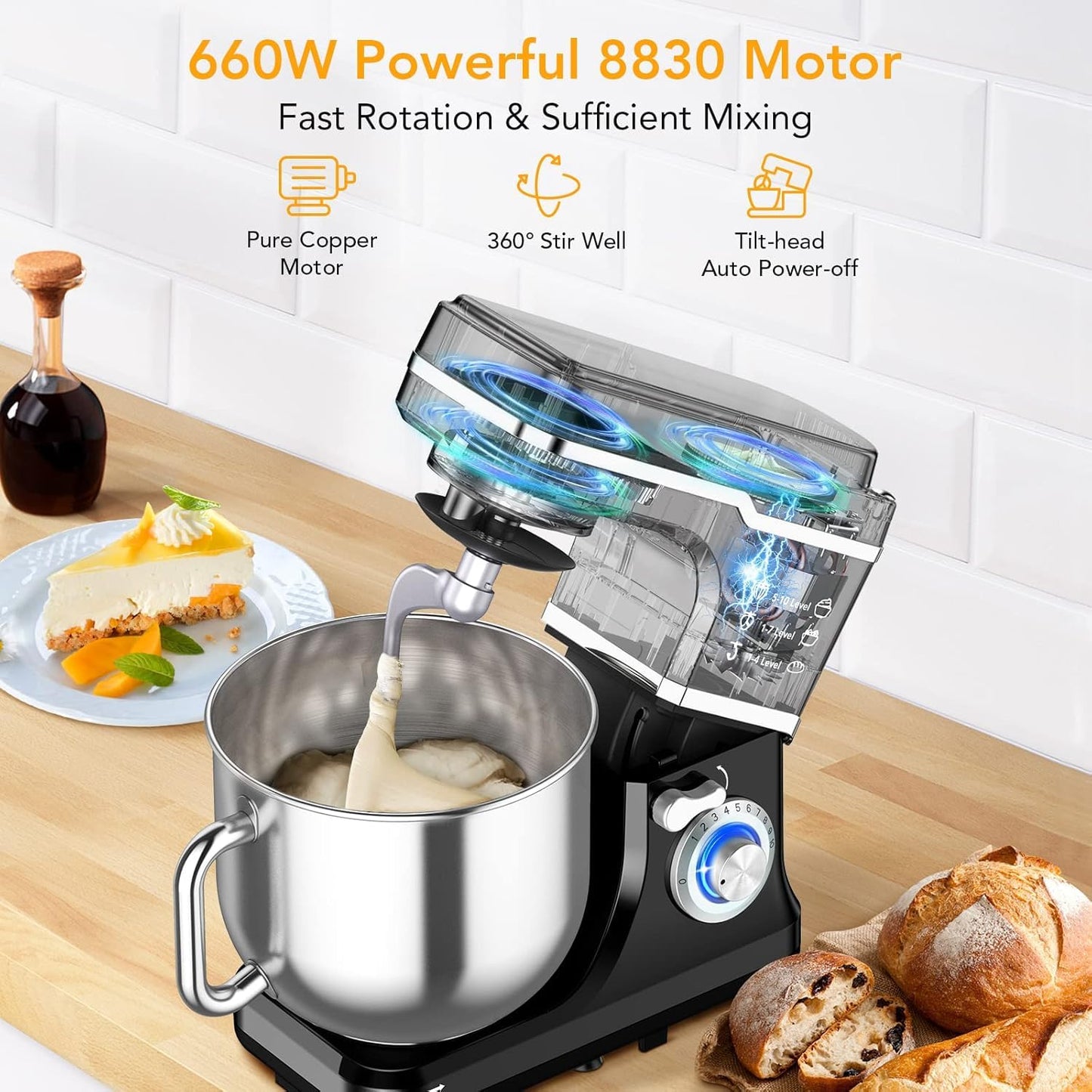 PeakPursuit 7.5QT Stand Mixer, 10-Speed Tilt-Head Electric Food Mixer with Stainless Steel Bowl, 660W Motor, Dough Hook, Whisk & Beater, Compact Design for Home Baking,Black