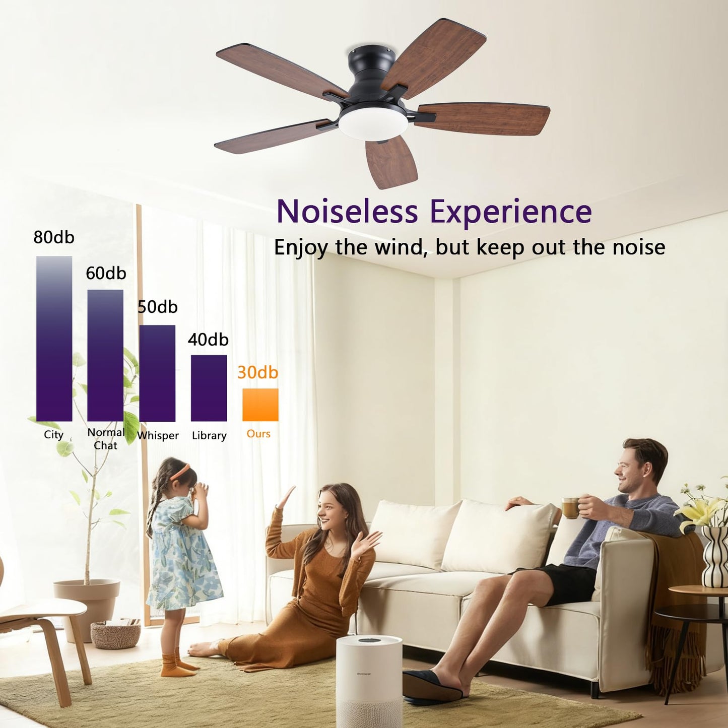 NKPU Ceiling Fans with Lights, Low Profile Ceiling Fan with Light and Remote/APP Control, DC Motor, Noiseless, Flush Mount, 42inch Brown Ceiling Fan for Bedroom Indoor/Outdoor Use