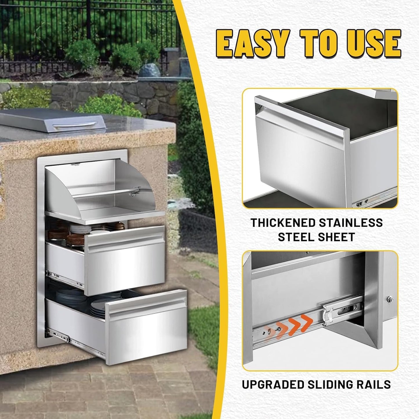 yuxiangBBQ Outdoor Kitchen Drawer, Stainless Steel Tilting Paper Towel Holder Drawer Plus Double Drawers Combination, 17W 30H 21D Double Wall Outdoor Kitchen Drawers