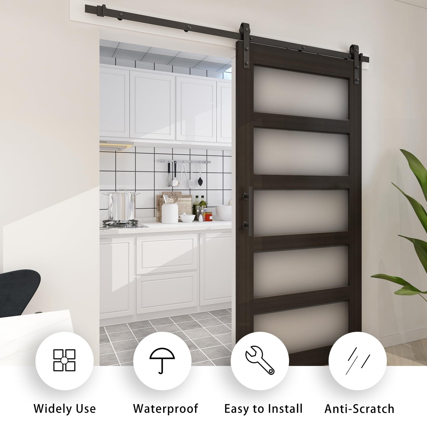 BARNSMITH 36in x 84in Glass Barn Door with 6.6FT Sliding Door Hardware Kit Included & Handle,5-Panel Frosted Glass Solid Wood Slab with Water-Proof PVC Surface,Pre-Drilled Easy Assembly,Brown
