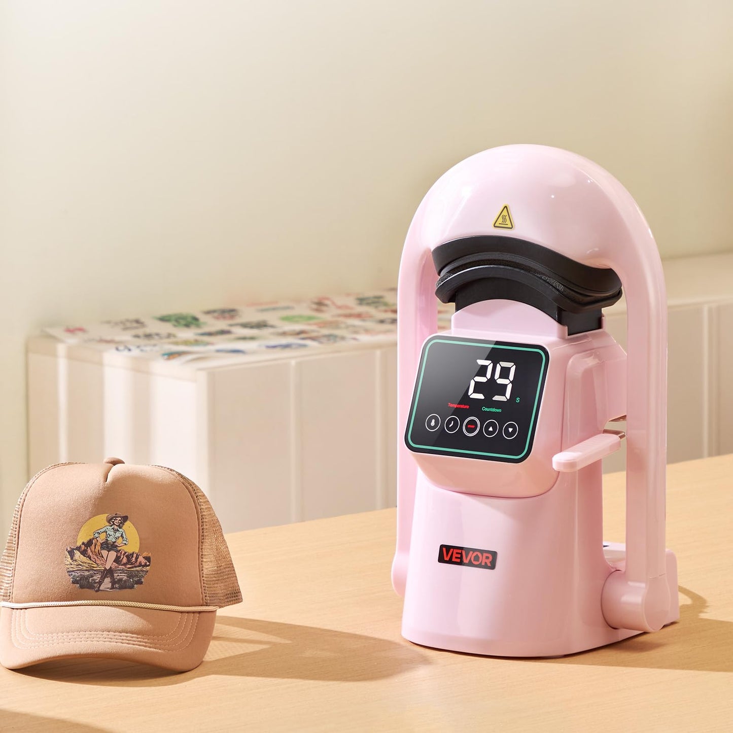 VEVOR Auto Hat Heat Press Machine, with 2pcs Interchangeable Platens, Automatic Open and Release, Touchscreen for Precise Time and Temperature Control, Heat Transfer Printing for Caps, Hats, Pink
