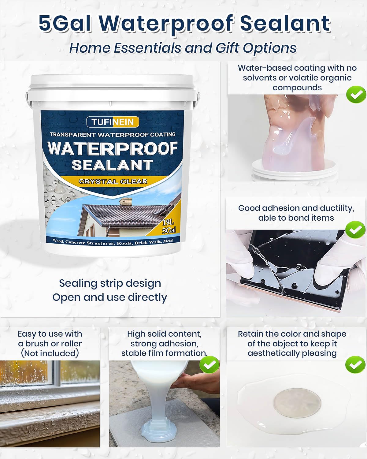 Waterproof Sealant 5 Gallon Clear, TUFINEIN Transparent Waterproof Coating Water-Based Invisible Agent Roofs, Walls, Garden, Terraces Indoor & Outdoor