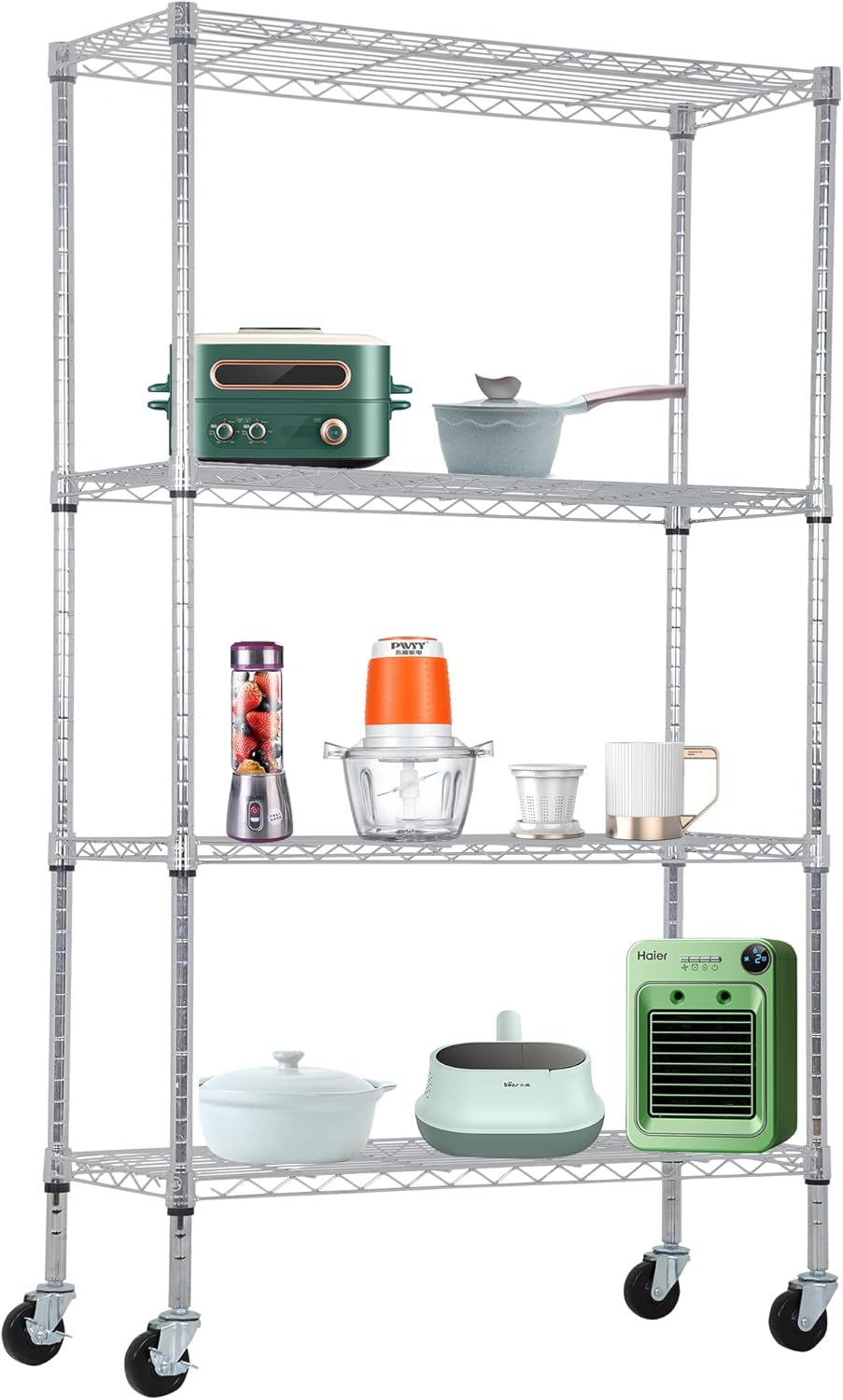 BestOffice 4-Tier Wire Storage Shelves - Heavy-Duty Metal Racks with Wheels | 36x14x62 | Chrome Finish | No-Tool Assembly for Home & Garage