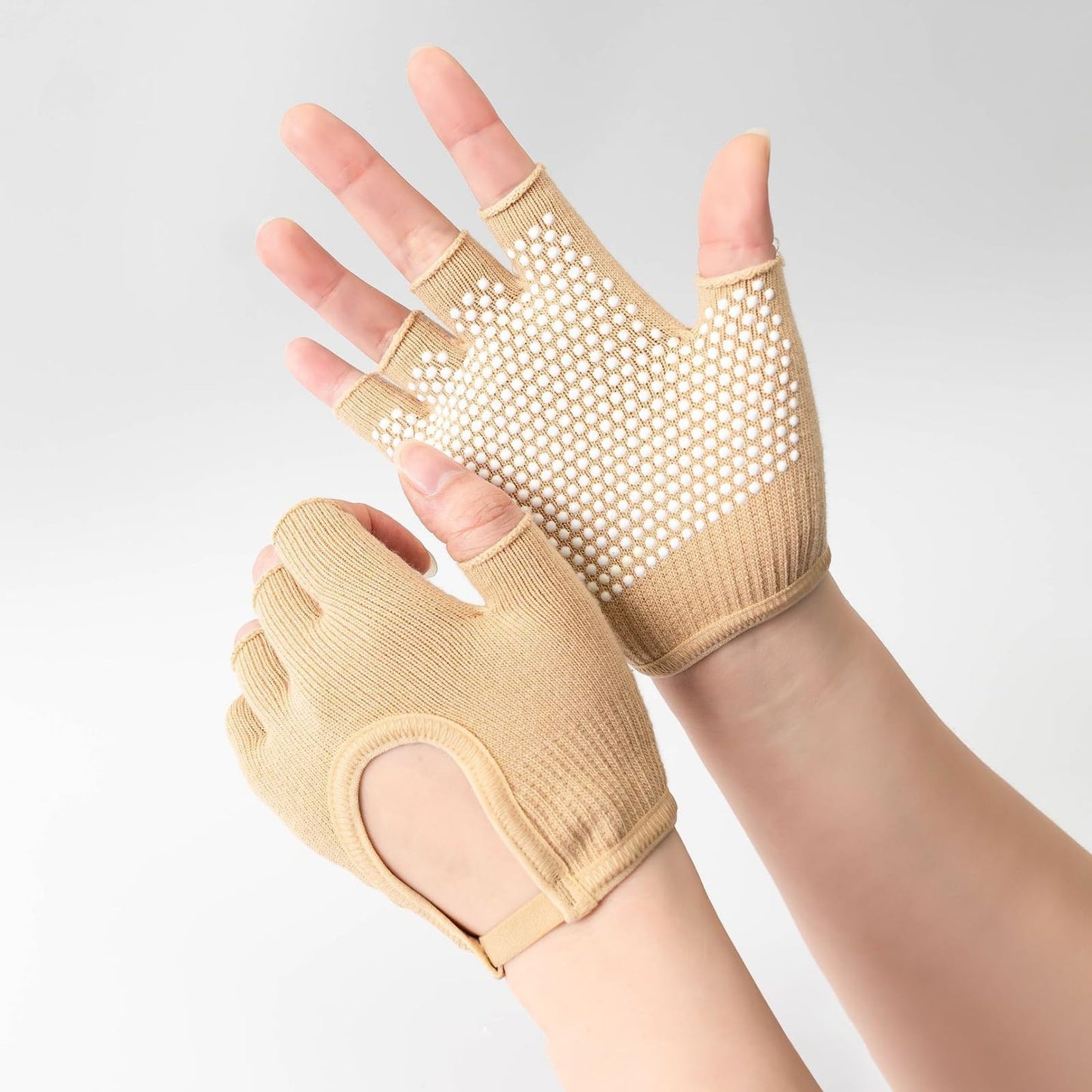 KANGQL Gym Gloves, 2Pcs Silicone Antislip Five Finger Workout Glove Weight Training Gloves Gym Gloves Weight Lifting Gloves for Men Women, Beige