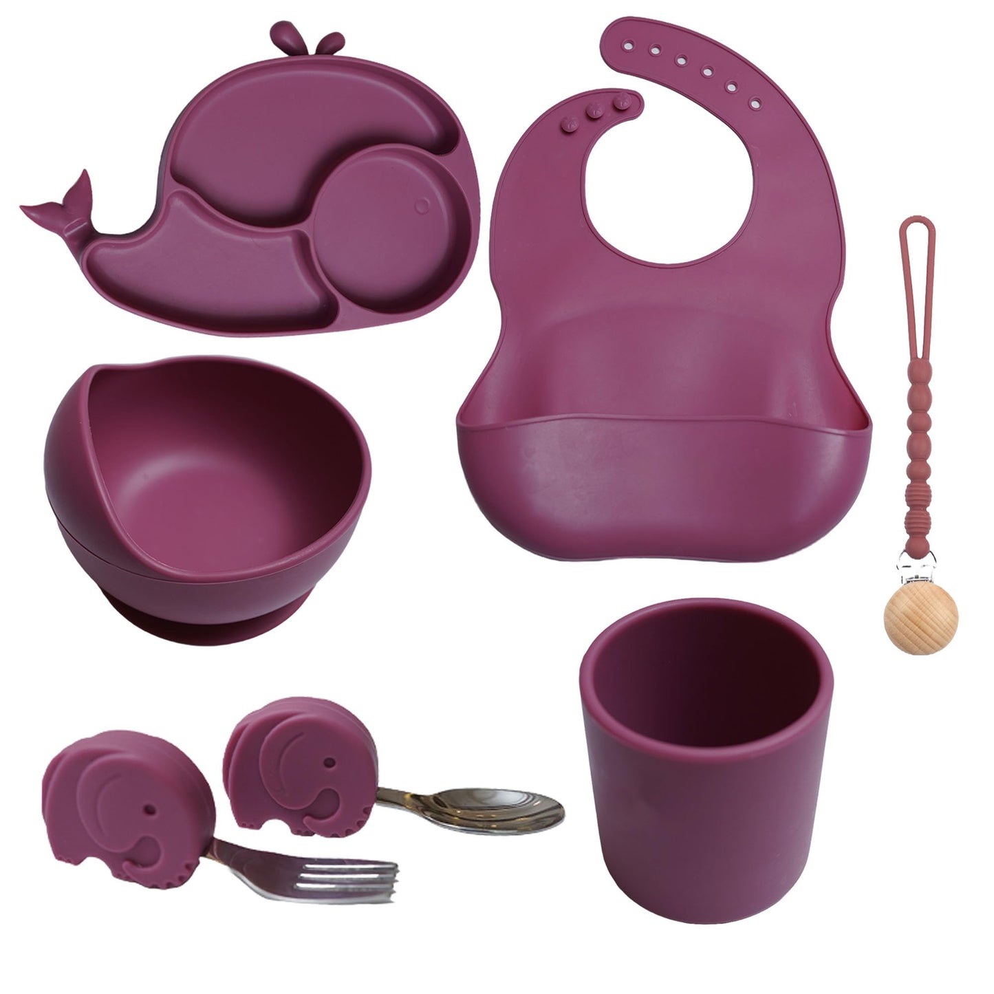 Silicone Baby Feeding Set 7 Pcs | Baby Led Weaning Supplies | Baby Spoons Suction Bowl Divided Plate Bib Cup | First Stage Solid Food Eating Utensils - 6+ Months
