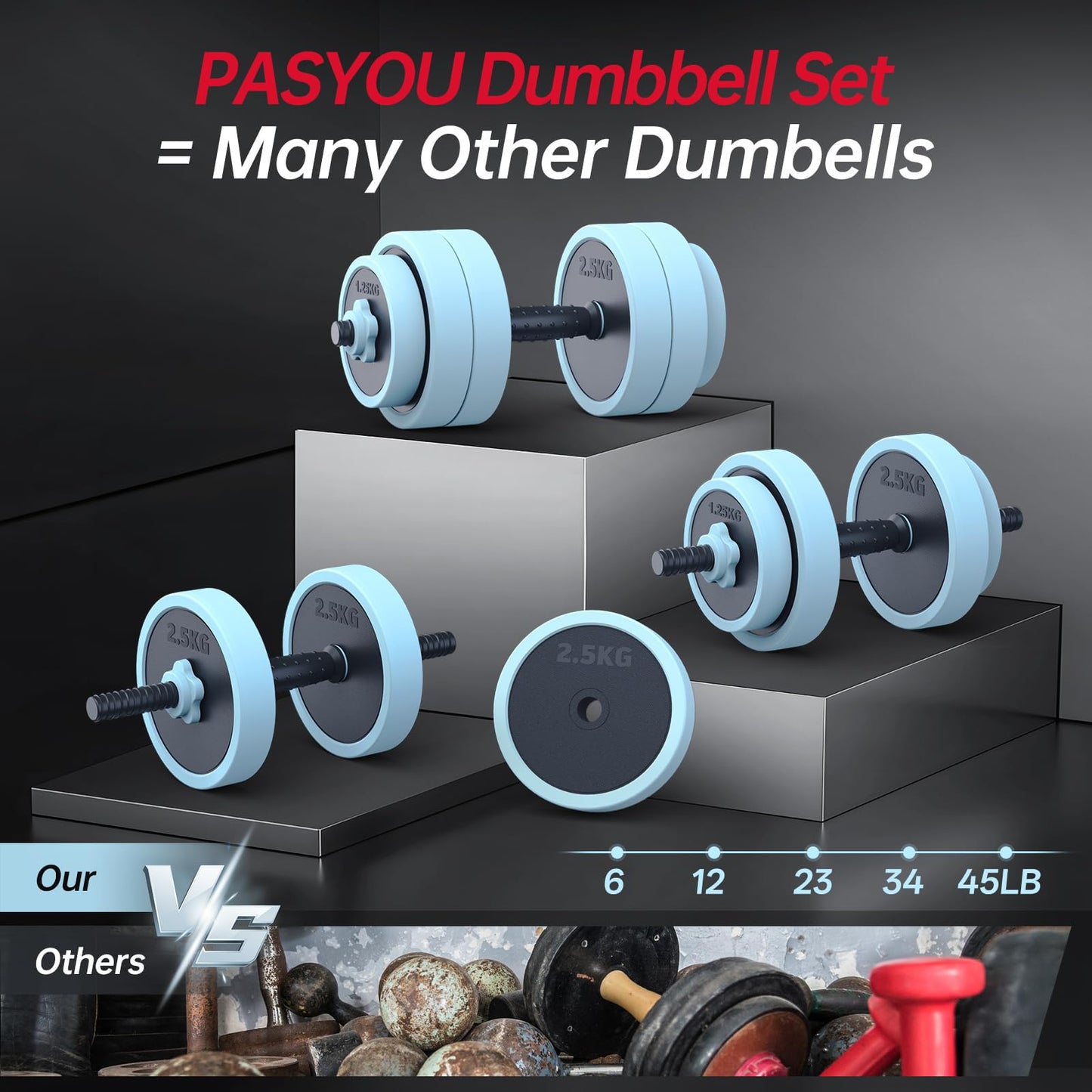 PASYOU Adjustable Dumbbell Set, 45lbs Free Weight Set with Connector, 5 in 1 Weight Set Used as Kettlebells, Barbell, Push up Stand, Fitness Exercises for Home Gym Suitable Men/Women