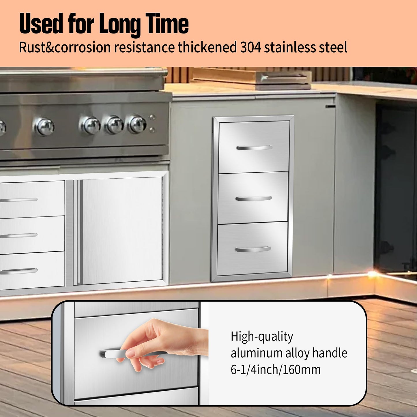 RAILEN Outdoor Kitchen Drawers 16" W x 28" H x 20" D Built-in BBQ Drawer Stainless Steel Access Drawers for Outdoor Kitchen Island or Grill Station