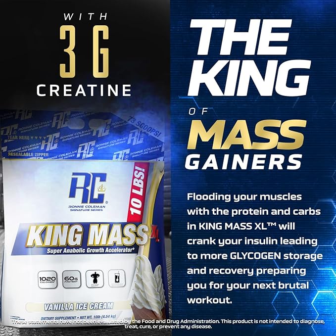 Ronnie Coleman Signature Series King Mass XL Mass Gainer Protein Powder ??Dark Chocolate Weight Gainer with 60g Protein, 180g Carbohydrates, 1,000+ Calories, Creatine & Glutamine ??10 Pound