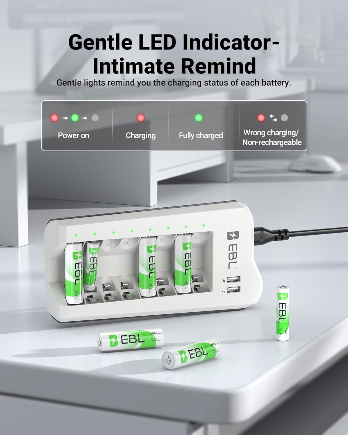 EBL 1100mAh (16 Pack) 2 NiMH AAA Rechargeable Batteries and Rechargeable AA AAA Battery Charger with USB Charging Ports