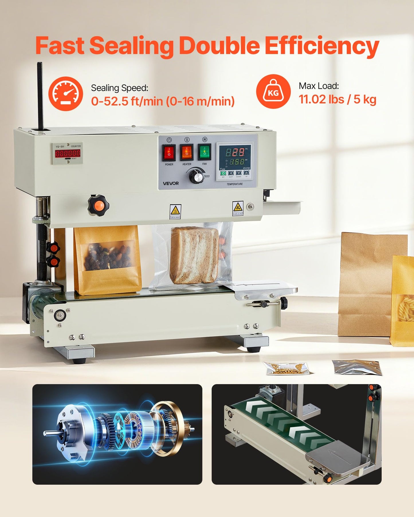 VEVOR Continuous Bag Band Sealing Machine, 0.24-0.47 in Seal Width, Vertical Band Sealer Machine with Roller Printing, Temp & Speed Adjustable, Heat Sealing Machine for 0.001-0.03 in Plastic Bags
